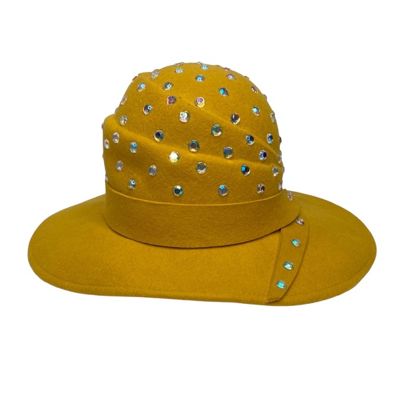 SYLVIA NEW YORK Vintage Mustard Yellow Wool Iridescent Jewel Round Fedora Hat - Picture 1 of 14